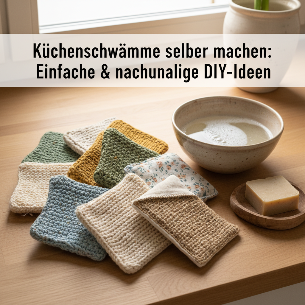 A warm, inviting professional photo featuring a collection of diverse, handmade kitchen sponges. Some are knitted or crocheted from cotton yarn, others are sewn from patterned fabric scraps, and one has a prominent jute scrubbing side. They are tastefully arranged on a clean kitchen counter next to a ceramic bowl of soapy water, suggesting recent use or readiness for action. The lighting is soft and natural, emphasizing texture.