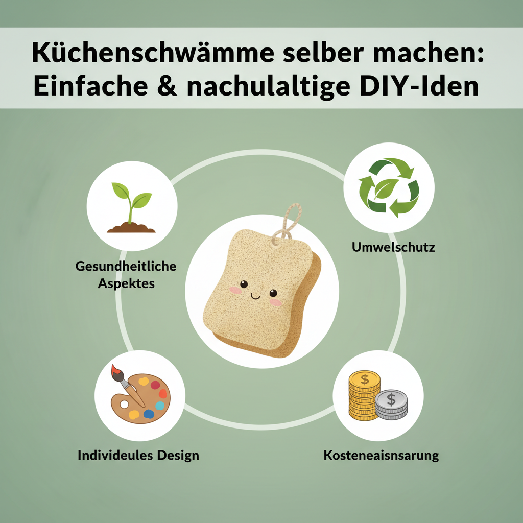A clean, modern infographic illustration explaining the benefits of making your own kitchen sponges. A central, stylized icon of a cheerful, natural fabric sponge serves as the focal point. Around it, four distinct, clear icons visually represent key advantages: a leaf or recycle symbol for 'Umweltschutz,' a stack of coins for 'Kosteneinsparung,' a paintbrush and color palette for 'Individuelles Design,' and a subtle plant sprout for 'Gesundheitliche Aspekte.' The color palette is fresh and eco-friendly.