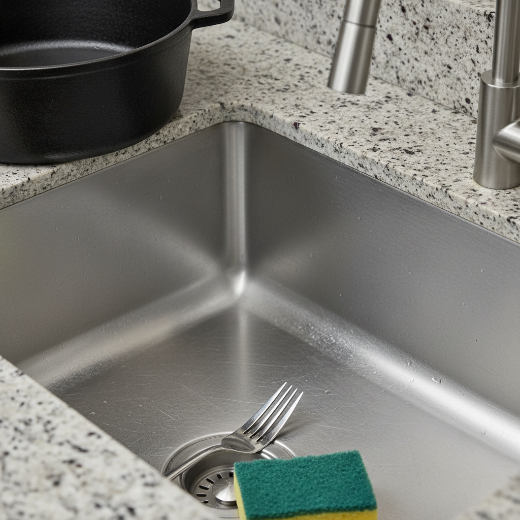 A professional close-up product photo of a stainless steel kitchen sink. The sink's surface is marred by several visible scratches, catching the light in an unappealing way. Surrounding the sink, partially out of focus, are common culprits for scratches: the bottom of a heavy metal pot, a silver fork, and a slightly coarse-looking cleaning sponge. The scene should evoke the everyday wear and tear on a kitchen centerpiece, highlighting the need for restoration.