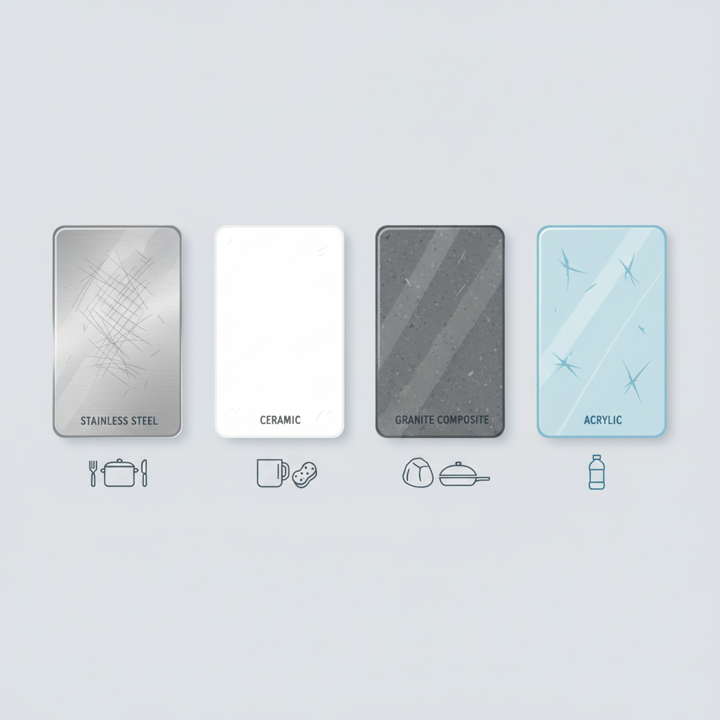 A clean, infographic-style illustration depicting a visual comparison of four different kitchen sink materials regarding their scratch susceptibility. Four distinct, stylized panels are arranged side-by-side: one for stainless steel, one for ceramic, one for granite composite, and one for acrylic. Each panel subtly illustrates its typical scratch resistance through visual cues; for example, fine, numerous lines for stainless, minimal or no marks for ceramic and granite, and deeper, more pronounced scratches for acrylic. The overall aesthetic should be clear and informative.