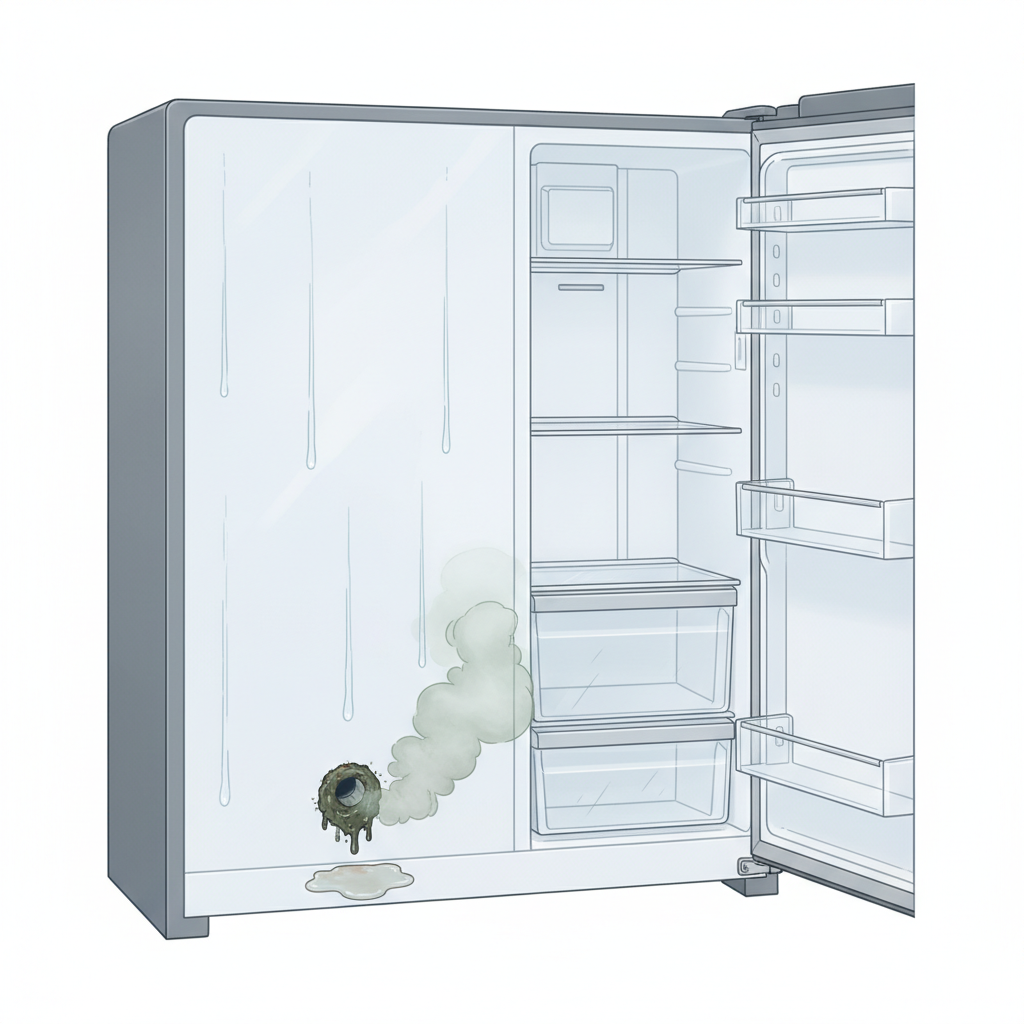A detailed cross-section illustration of the inside of a refrigerator. Focus on the back wall where condensation drips down. Show a small, clogged drain hole at the bottom of the back wall. Dark, slimy residue and dirt are visibly accumulating around and partially blocking the hole. A small puddle of murky water is forming on the bottom shelf of the refrigerator. A subtle visual representation of unpleasant odor, like swirling green-grey mist, emanates from the clogged drain. Style: Clean, explanatory infographic illustration with visual cues for grime and odor.