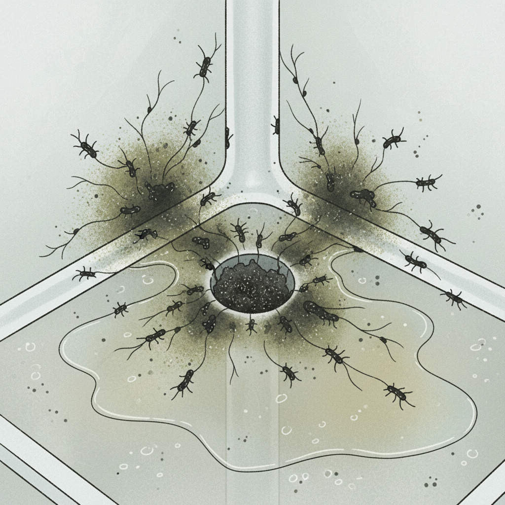 A close-up, semi-realistic illustration of a refrigerator's interior bottom shelf near the back wall. The small drain hole is clearly visible and severely blocked with dark, unidentifiable gunk. Surrounding the drain, there are visible patches of green-black mold spreading, and several generic bacteria/germ shapes (like small, dark blobs with tendrils) are clustered. A small amount of standing, cloudy water is also present, creating an unsanitary scene. Style: Detailed digital illustration, slightly muted colors to emphasize grime and contamination.