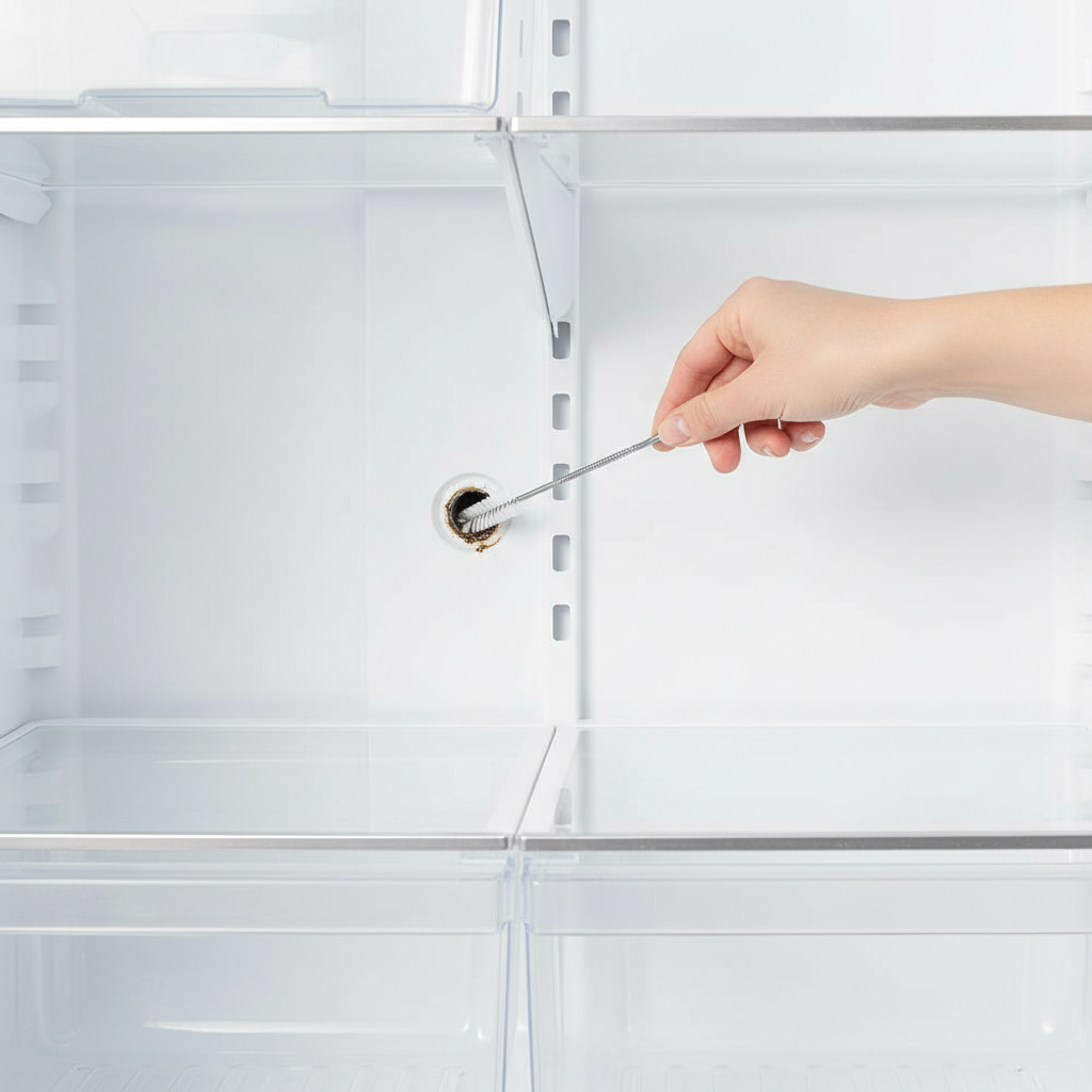 A professional close-up photograph from a slightly elevated angle, showing a human hand (clean, with short nails) holding a thin, flexible cleaning brush or a specialized drain cleaning tool. The tip of the tool is being carefully inserted into the small, round drain hole located at the back wall of a refrigerator. The interior of the fridge is clean and well-lit, with the focus entirely on the precise action of cleaning the specific drain hole. Style: High-quality, bright studio photography with a practical, instructional feel.
