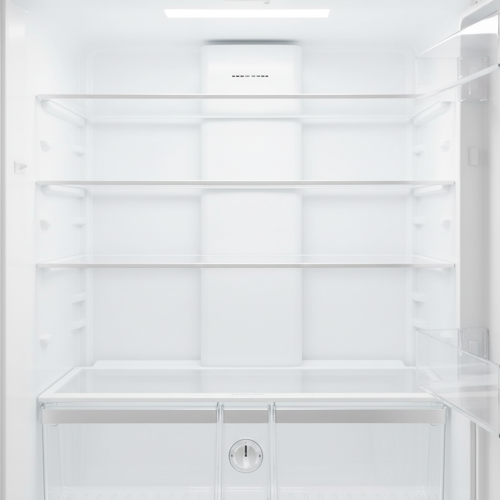 An immaculately clean and bright interior of a modern refrigerator, seen from a slightly elevated angle. The back wall is pristine white, and the small drain hole at the bottom is perfectly clear and sparkling, indicating perfect hygiene. There is no water pooling, no grime, and no signs of condensation anywhere. The overall impression is one of fresh hygiene, perfect functionality, and a well-maintained appliance. Style: Polished, professional product photography aesthetic with a focus on cleanliness and freshness.
