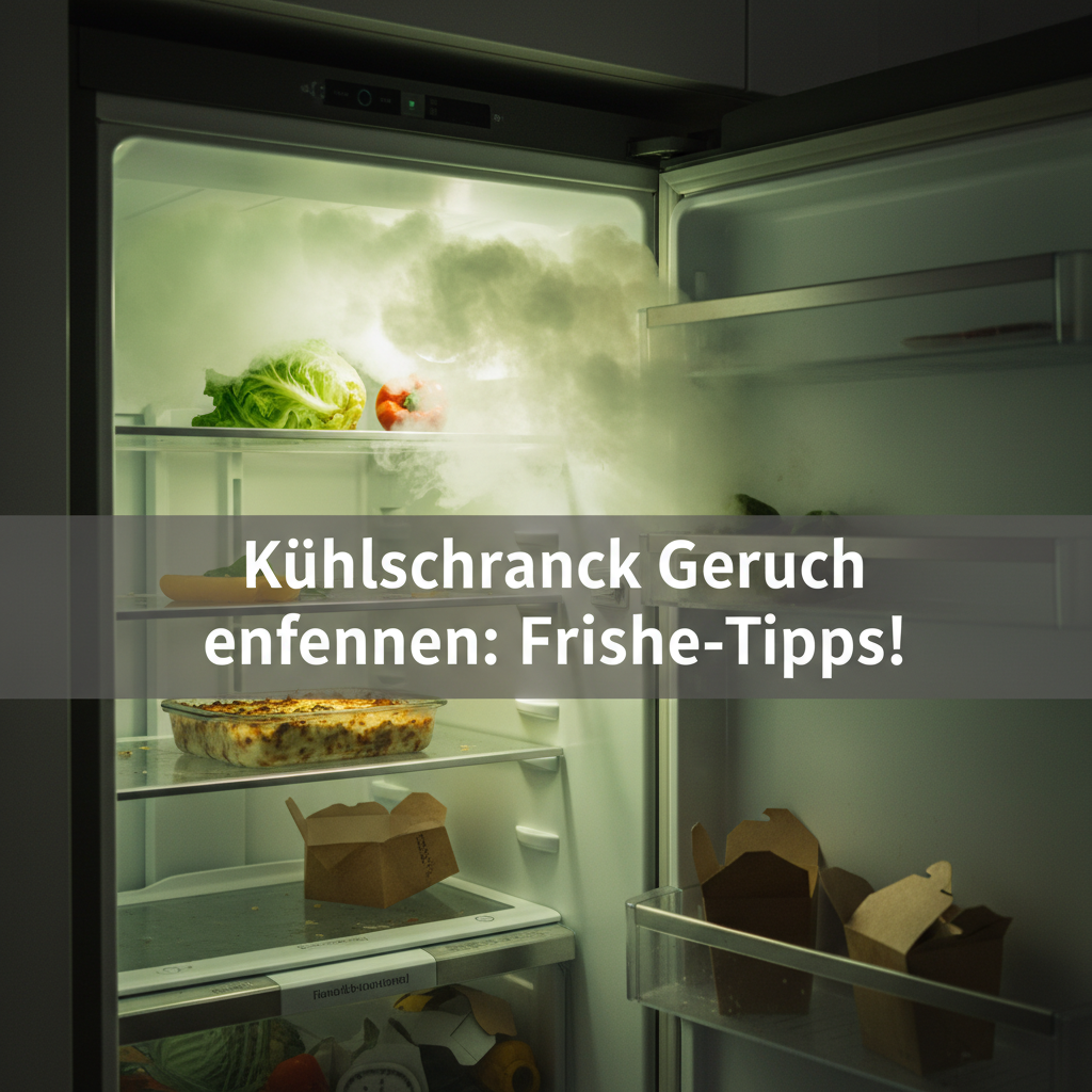 A professional photo capturing an open refrigerator door, with a subtle, stylized translucent waft of unpleasant odor visually emanating from inside. The interior shows a few slightly wilted vegetables or a forgotten container in the background, hinting at the source. The lighting should be slightly muted to convey the unpleasantness, yet still clear enough to see the fridge's contents. Emphasize a realistic, relatable scene that immediately conveys the article's problem statement.
