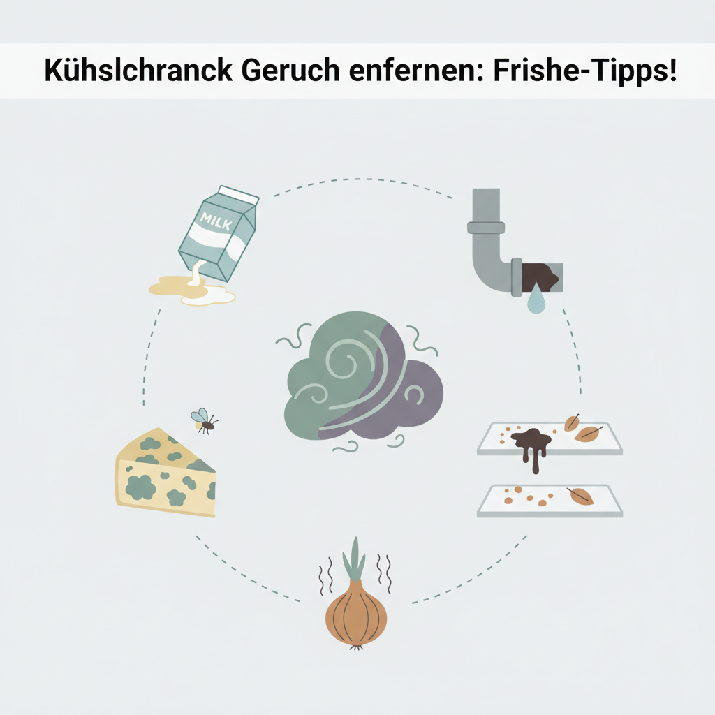An infographic-style illustration depicting various common causes of bad refrigerator odors. Use clean, flat icons or simple illustrations for each cause: a carton of spilled milk, a piece of moldy cheese, an onion, a dirty shelf, and a blocked drainpipe. These elements should be arranged around a central, stylized 'bad smell' icon or cloud, connected by clean lines. The overall style should be modern, clear, and easy to understand at a glance, using a palette with a touch of muted colors.