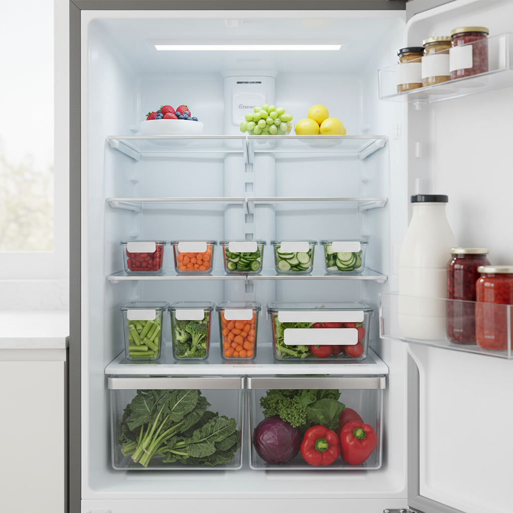 A professional, bright photo of a pristine, modern refrigerator interior. The shelves are sparkling clean and impeccably organized with vibrant, fresh fruits, vegetables, and neatly stored, unlabelled containers. The lighting is crisp and inviting, emphasizing hygiene, freshness, and order. No human presence is visible, and the focus is purely on the visual appeal of a perfectly maintained, empty-ish refrigerator, ready for new groceries.