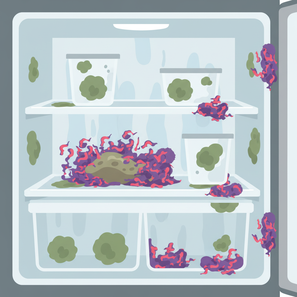 A detailed flat illustration depicting a conceptual view of an unhygienic refrigerator interior. Focus on subtle, stylized green mold spots on shelves and tiny, abstract purple and red bacteria shapes clustered around a forgotten, slightly discolored food item (without specific labels). The background hints at condensation and shadows, creating a slightly uneasy yet informative atmosphere. The illustration clearly conveys the presence of unseen microorganisms and potential contamination.