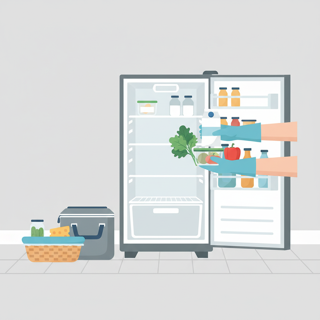 A clean, contemporary flat illustration depicting the first step of refrigerator cleaning. A pair of hands, possibly wearing blue cleaning gloves, is shown carefully removing various food items – like fresh vegetables, a milk carton (without brand labels), and a few generic containers – from a partially emptied refrigerator. Nearby, a cooler bag or temporary basket sits, ready to hold items. The scene is organized and conveys a sense of preparation and thoroughness.