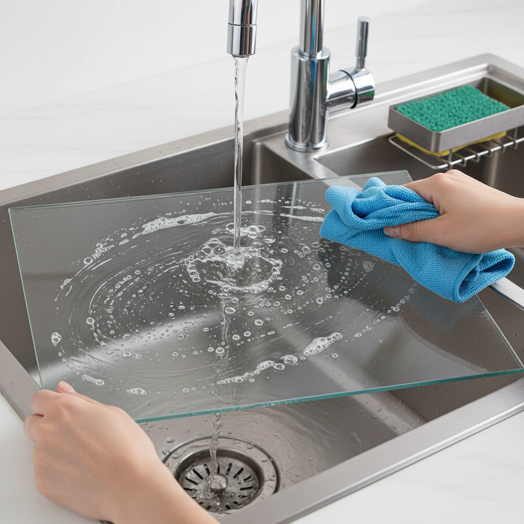 A professional, well-lit photo from an overhead perspective showing hands actively cleaning a removed glass shelf from a refrigerator. The shelf is placed in a kitchen sink under gently running water, with a soft sponge or cloth being used to wipe its surface. The water droplets are visible, adding to the sense of freshness and cleaning. The background shows a modern kitchen faucet and sink, slightly out of focus, emphasizing the cleaning action itself.
