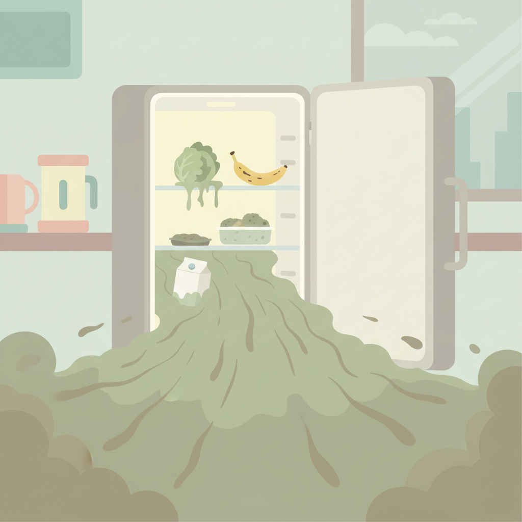 A visually striking flat illustration depicting an open refrigerator door with a cloud of unpleasant, wavy green and brown gas emanating outwards. Inside the fridge, a few generic, slightly discolored or wilted food items are visible on shelves, hinting at spoilage. The overall impression should be one of a strong, unwelcome odor filling the kitchen space. The style should be clean, modern, and slightly cartoonish to convey the abstract concept of smell.