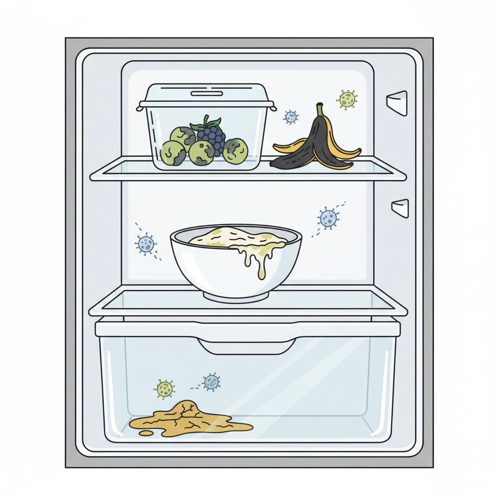 An infographic-style illustration showcasing the common culprits of refrigerator smells. The image depicts a cross-section of a fridge interior. On one shelf, a container holds visibly moldy fruit (e.g., green fuzzy berries). Below, a subtle dried spill mark or residue is visible in a corner or under a drawer. Small, stylized bacteria or germ icons subtly float around these problem areas, emphasizing microbial growth. Clean lines and a clear, instructional aesthetic.