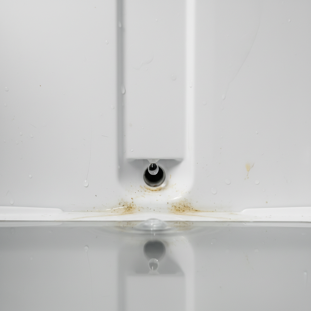A detailed, professional photo-style illustration focusing on the often-overlooked condensation drain inside a refrigerator. The image shows the back interior wall with a small drain hole at the bottom. A tiny pool of standing water is visible near the drain, with subtle hints of discoloration or grime around its edges, suggesting neglect. A single, distinct drop of water is about to fall into the pool, illustrating the ongoing condensation process. Focus on realistic textures and lighting.