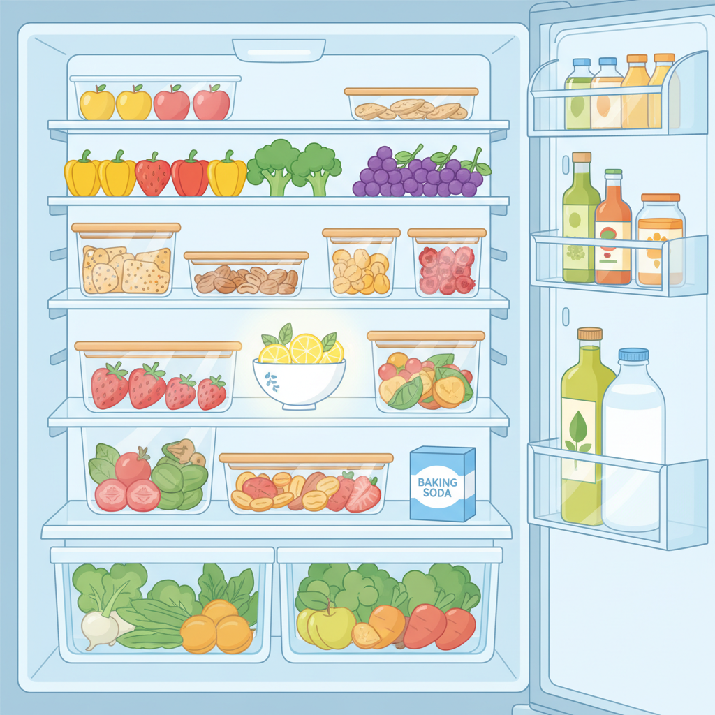 A bright, inviting flat illustration of a clean, well-organized refrigerator interior. Shelves are neatly arranged with fresh, vibrant fruits, vegetables, and sealed containers. In a prominent position, a small, open container of baking soda or a bowl with a few lemon slices is subtly placed, symbolizing odor absorption. The overall impression is one of cleanliness, freshness, and proper food storage, contrasting sharply with the initial problem. Bright colors and a positive atmosphere.