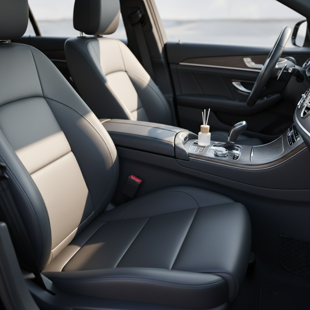 A professional, close-up photo of a pristine car interior featuring sleek, dark synthetic leather seats. Sunlight streams through the window, highlighting the smooth texture of the material. A subtle scent diffuser could be visible in the background, hinting at a fresh car fragrance. The overall impression should be one of elegance and meticulous care.