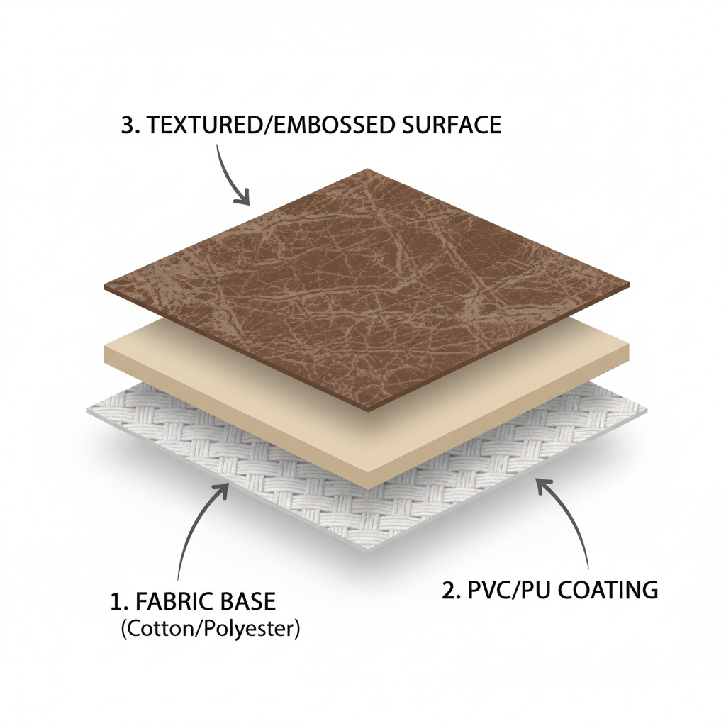 An infographic-style illustration depicting the layers of synthetic leather. Show a cross-section with clearly labeled layers: a fabric base (e.g., cotton/polyester) at the bottom, followed by a middle layer of PVC/PU coating, and a topmost textured/embossed surface resembling real leather. Use a clean, modern design with subtle shadows and a neutral color palette.