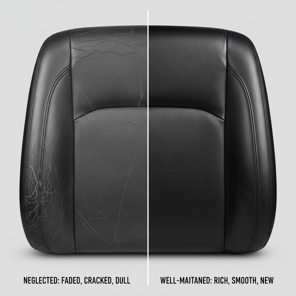 A side-by-side comparison image, showing two car seat sections. On the left, a synthetic leather seat that is visibly neglected, with faded color, minor cracks, and a dull appearance. On the right, an identical synthetic leather seat that is well-maintained, vibrant in color, smooth, and looking like new. The contrasting visual should emphasize the importance of proper care, using a professional studio shot style.