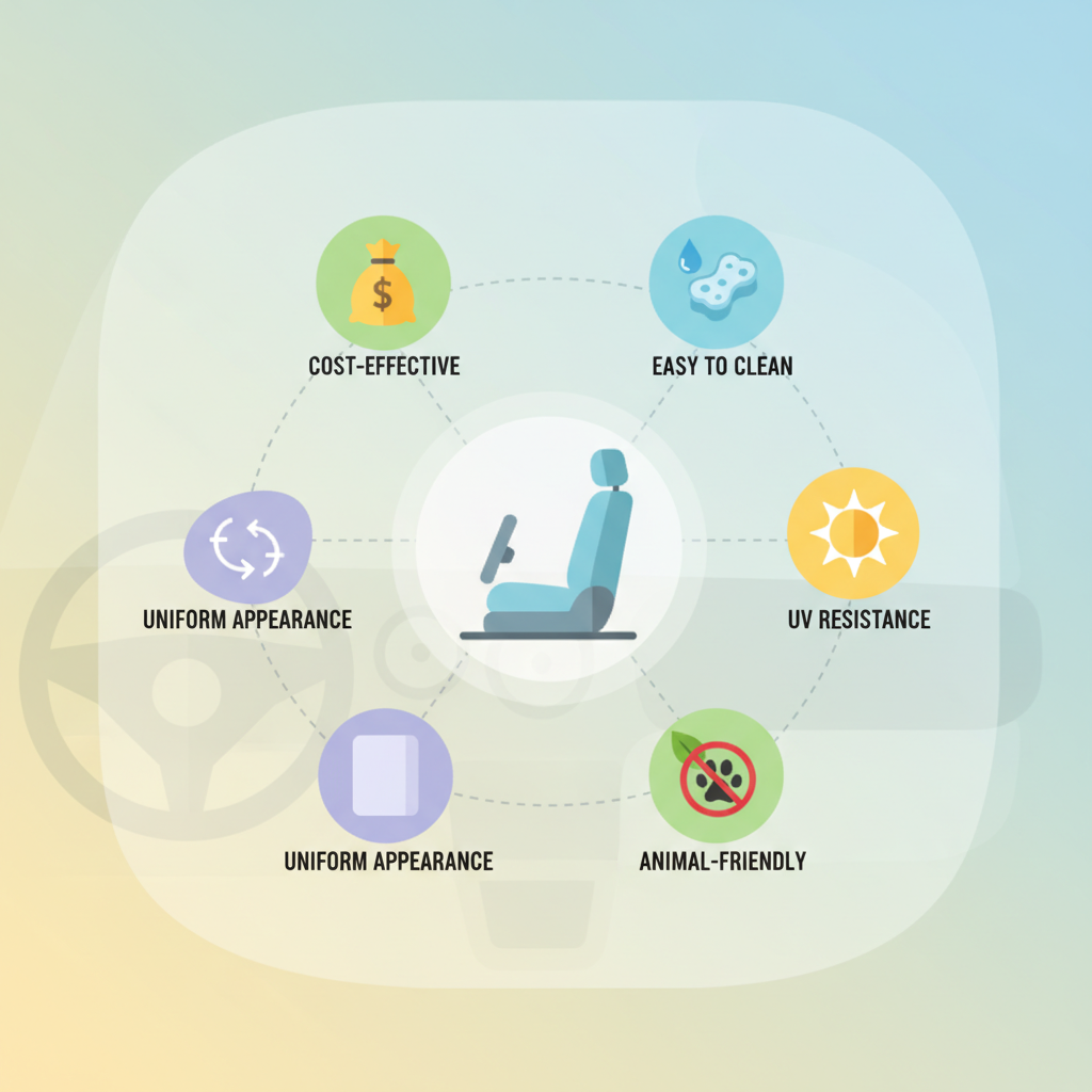 A flat illustration showing various benefits of synthetic leather in car interiors, arranged around a central icon of a steering wheel or car seat. Each benefit is represented by a small, distinct icon: a money bag for 'cost-effective,' a water droplet and sponge for 'easy to clean,' a sun for 'UV resistance,' an animal paw print with a cross or a leaf for 'animal-friendly,' and a perfectly smooth texture sample for 'uniform appearance.' Use a bright, inviting color scheme.