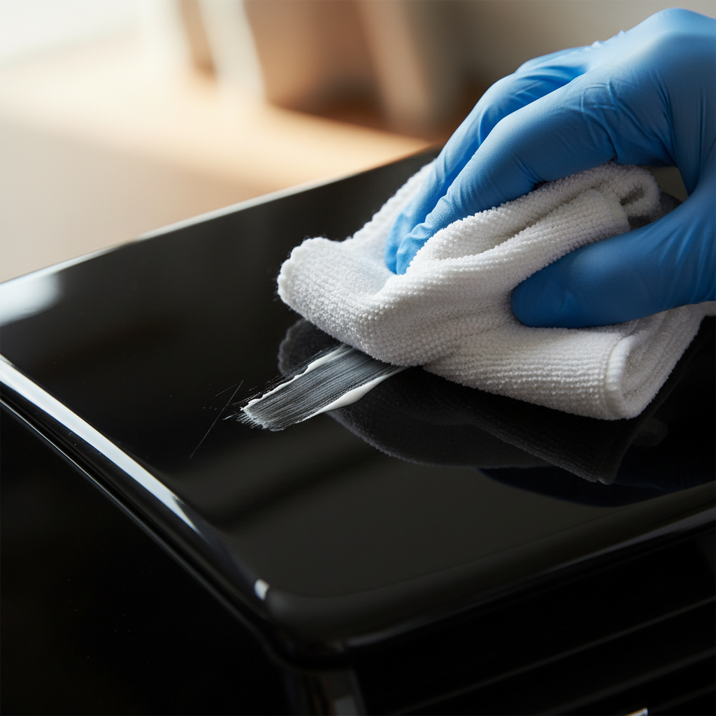 A professional, close-up photo focusing on a hand applying toothpaste to a superficial scratch on a glossy black plastic panel, possibly from a car dashboard or appliance. The hand, wearing a clean, blue nitrile glove, uses a soft, white microfiber cloth to gently rub a small bead of white toothpaste onto the visible, fine scratch. The lighting should be bright and directional, highlighting the texture of the plastic, the toothpaste, and the soft cloth. The background should be softly blurred to maintain focus on the repair process, conveying a sense of careful, practical application.