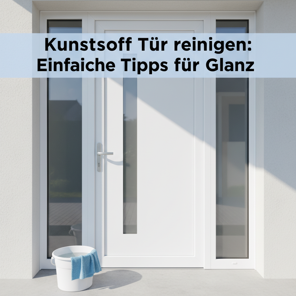 A professional photo of a pristine, shining white plastic front door, gleaming under soft natural light. The door is integrated into a modern home entrance, conveying a sense of cleanliness and welcoming elegance. A new, soft microfiber cloth is subtly draped over a small, clean bucket filled with water in the foreground, hinting at the ease of maintenance. The overall aesthetic is bright, spotless, and aspirational, showcasing the 'after' effect of thorough cleaning.