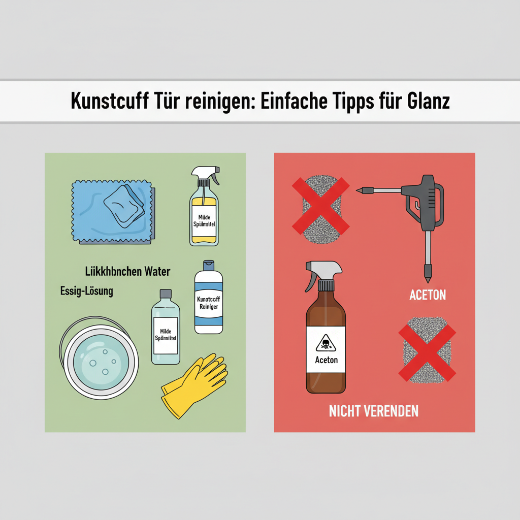 A detailed flat lay illustration showcasing an organized array of recommended cleaning supplies for plastic doors. Include soft microfiber cloths, a bucket with lukewarm water, a bottle of mild dish soap, a specialized plastic cleaner, a spray bottle with a vinegar solution, and rubber gloves. Prominently feature items to avoid, such as a harsh scourer, a bottle of acetone, and a high-pressure cleaner, clearly marked with a red 'X' or a distinct 'do not use' symbol. The style should be clean and informative, like an infographic.