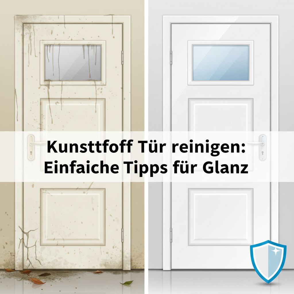 A split illustration or graphic art depicting the visual contrast between a neglected and a well-maintained plastic door. On one side, show a dull, slightly discolored plastic door with visible dirt smudges and minor weathering. On the other side, present the same door sparkling clean, bright white, and looking brand new. A subtle 'protection' icon (like a shield) could be overlaid on the clean door side to emphasize longevity. The style should be clean vector art, clearly communicating 'before and after' or 'damage vs. protection'.