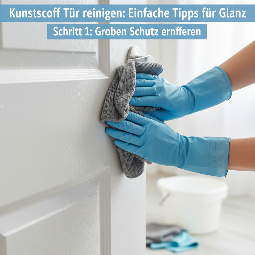 A realistic, close-up photograph of a person's hands (wearing protective rubber gloves) gently wiping the surface of a white plastic door with a soft, damp microfiber cloth. The focus is on the smooth, effective cleaning action, illustrating 'Schritt 1: Groben Schmutz entfernen'. A clean bucket with water is partially visible in the background, suggesting the cleaning setup. The image should convey simplicity, care, and the beginning of a thorough cleaning process, with bright, natural lighting.