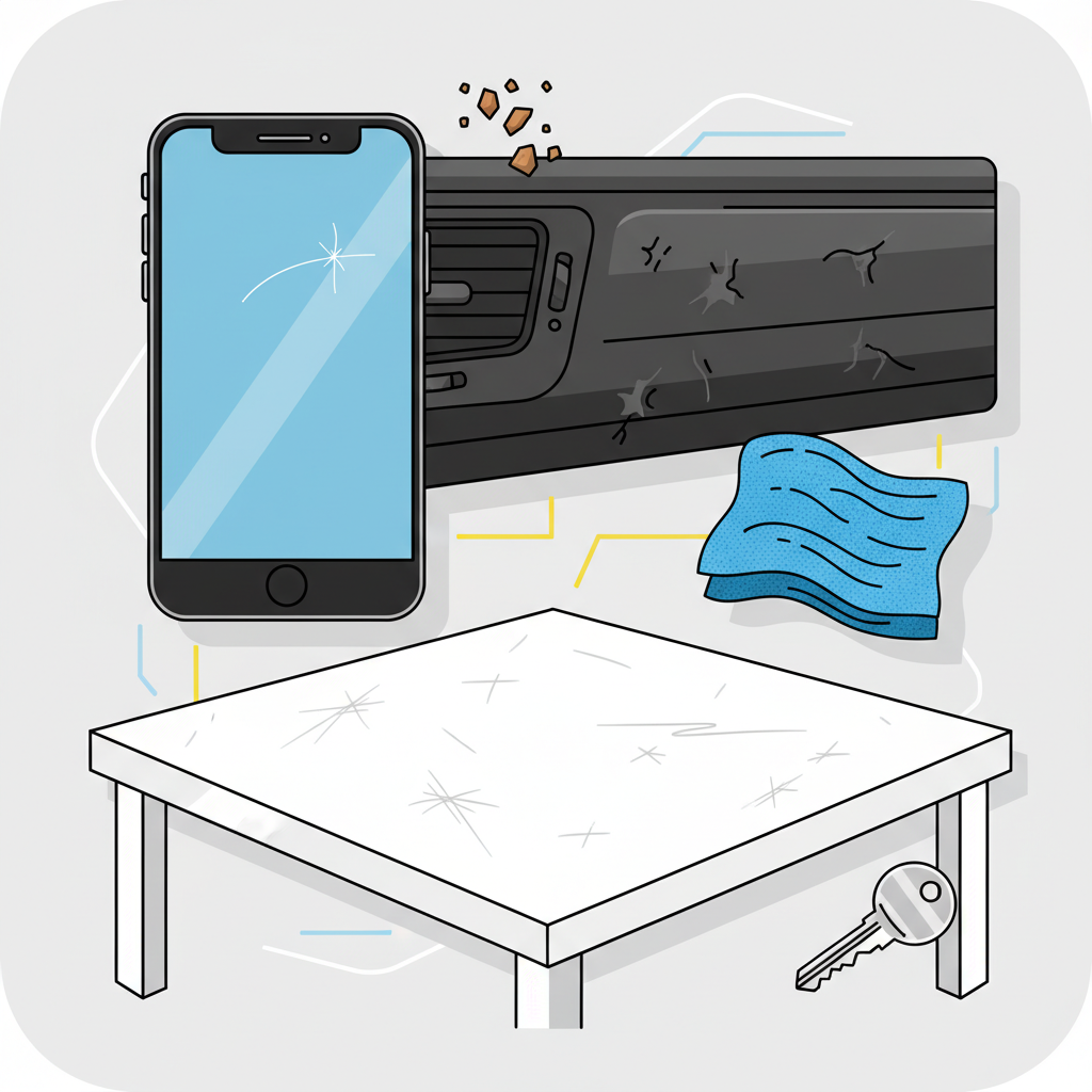 A vibrant, clean infographic illustration depicting various everyday plastic items that commonly get scratched. Include a close-up of a smartphone screen with a visible hairline scratch, a section of a car dashboard with deeper scuffs, and a furniture surface (e.g., a white plastic table) with minor abrasions. Around these items, subtle visual cues hint at common causes like tiny sand particles, a rough cleaning cloth, and a metal key. The overall style should be clear, modern, and easily digestible, emphasizing the ubiquity of plastic scratches.