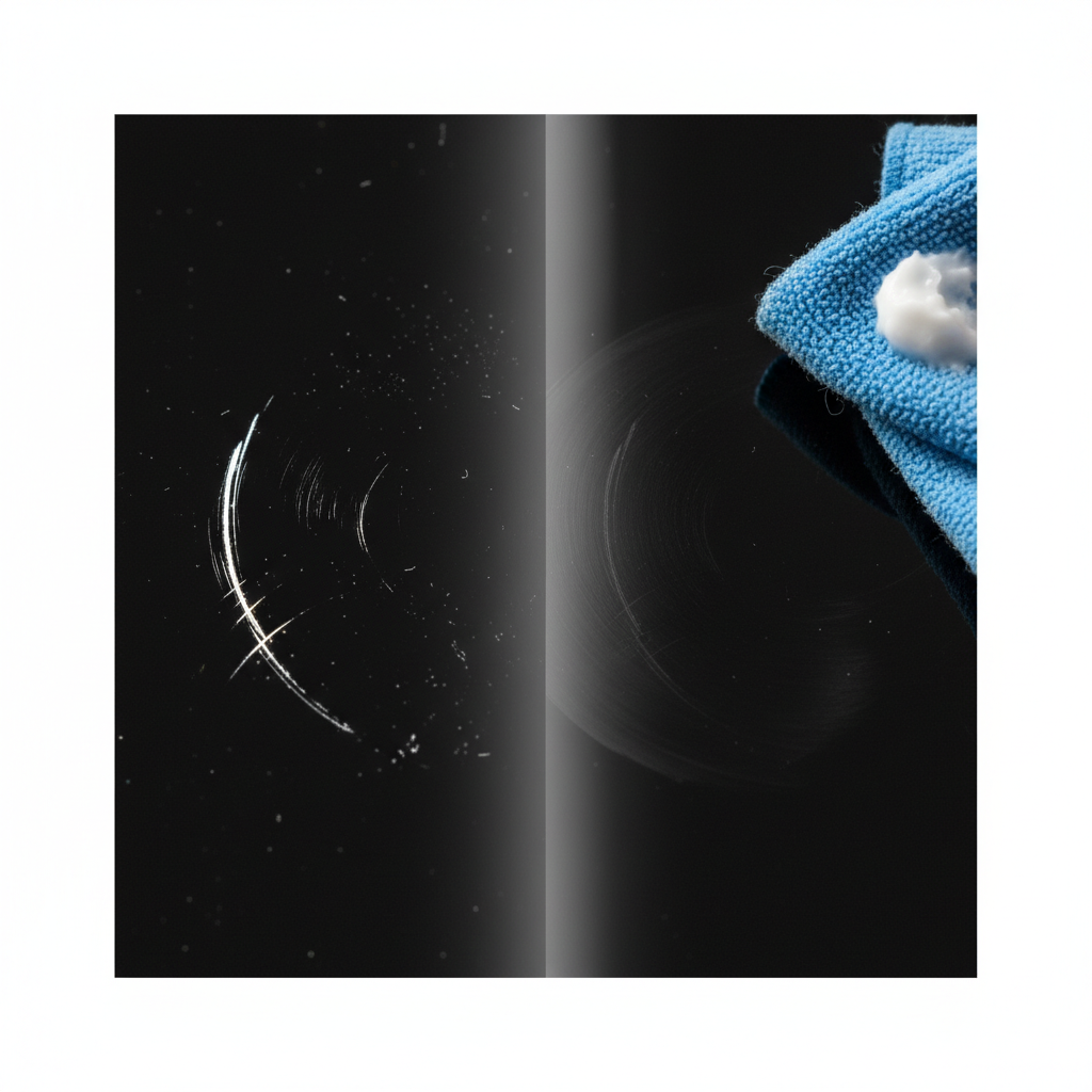 A highly detailed macro photograph of a glossy plastic surface (e.g., clear acrylic or black electronics casing) in the process of scratch removal. The image should clearly show a 'before and after' effect, possibly with a subtle dividing line or a visual gradient. On one side, a visible, distinct scratch, and on the other, the same area appears significantly smoother, with the scratch diminished or gone. A soft microfiber cloth or a polishing pad with a tiny dab of polishing paste is gently working on the 'after' section. Professional photo style, highlighting texture and light reflection.