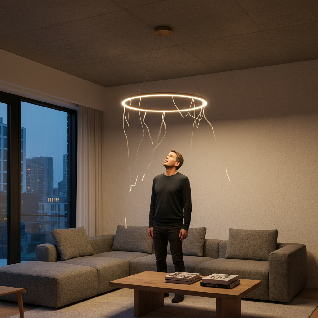 A modern living room scene at dusk. A stylish pendant LED lamp hangs from the ceiling, emitting an erratic, flickering light represented by slightly unstable light beams and subtle, shifting shadows on the walls. A person is looking up at the lamp with a slightly annoyed or confused expression. The overall atmosphere should convey the discomfort of unstable lighting. Soft, warm lighting, professional photo style with a hint of motion blur on the light beams.