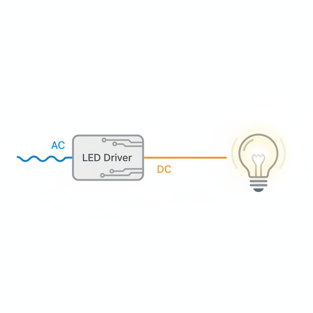 A clear, minimalist infographic illustration depicting the electrical flow for an LED lamp. On the left, a wavy line representing Alternating Current (AC) flows into a distinct rectangular component representing an 'LED Driver' or 'Power Supply.' From the driver, a straight, steady line representing Direct Current (DC) flows towards a stylized LED bulb that is glowing brightly and consistently. Use clean lines, a simple color palette, and a schematic, diagrammatic style.