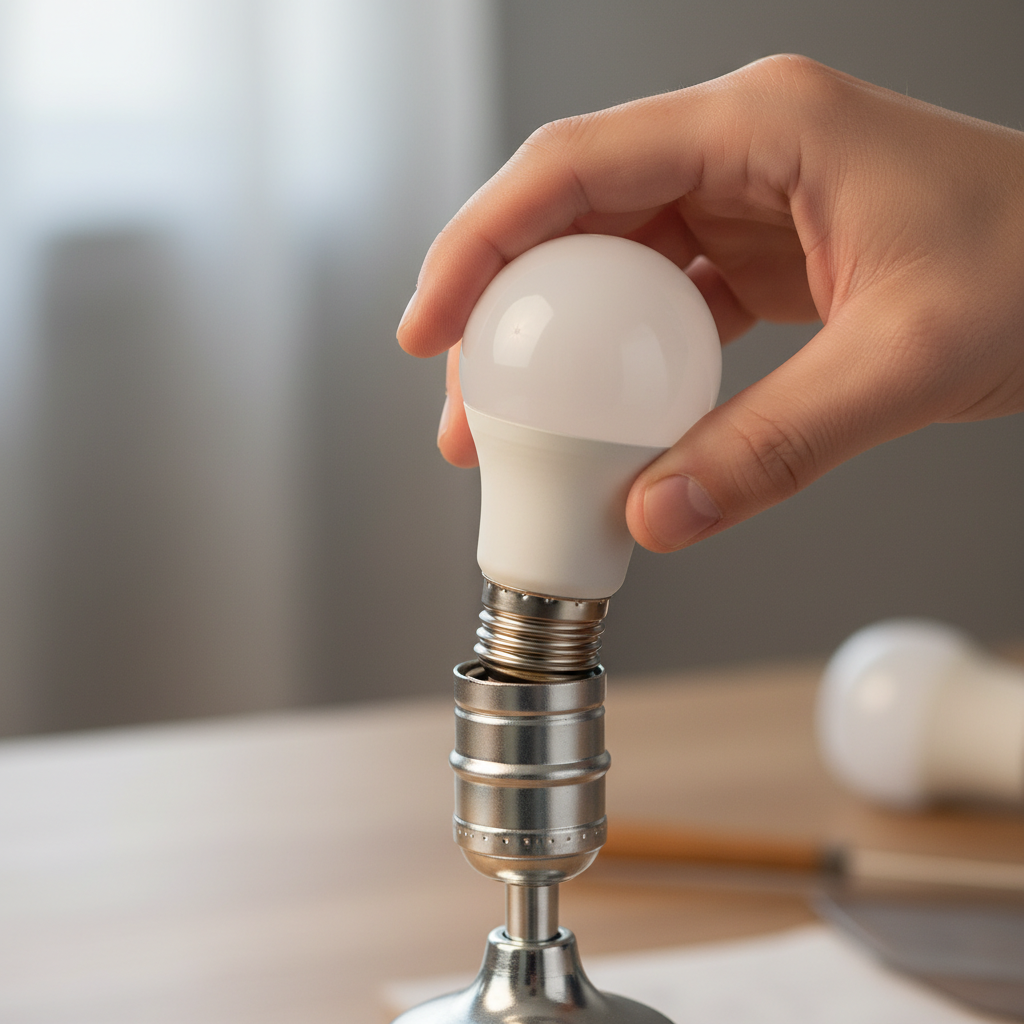 A close-up, professional photograph of a hand gently but firmly twisting an LED light bulb clockwise into a lamp socket. The focus is on the connection point. The socket should appear clean and functional, and the hand should be well-lit, suggesting a practical, DIY solution. The background should be slightly blurred to emphasize the action of securing the bulb. Use a neutral color palette.