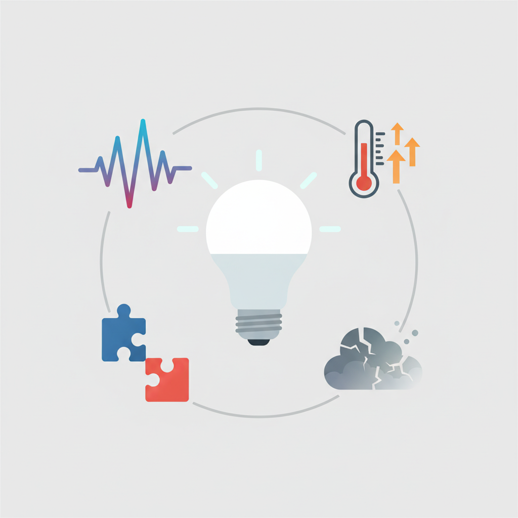 A detailed flat illustration showing a stylized LED light bulb at the center. Around the bulb, various abstract icons or visual elements represent common causes of flickering: a small thermometer icon with upward arrows for overheating, a faint, wispy cloud for aging components, two incompatible puzzle pieces for compatibility issues, and a fluctuating waveform for power supply instability. The overall style should be clean, modern, and easily understandable as an infographic.