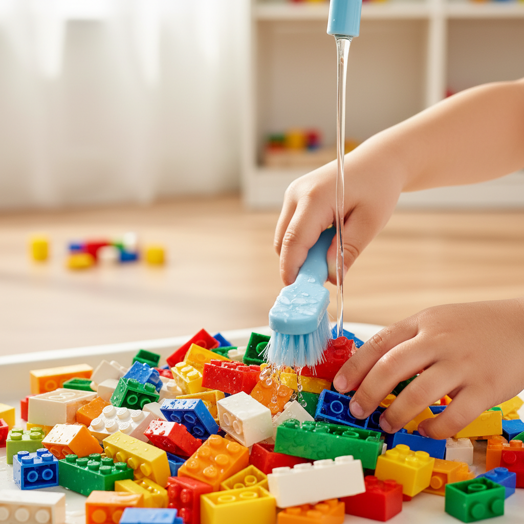A vibrant, professional close-up photo of a child's hands carefully cleaning a pile of assorted, colorful LEGO bricks with a soft brush and a gentle stream of water. The background is slightly blurred to emphasize the cleaning process, showing hints of a clean, bright play area. The lighting is warm and natural, highlighting the refreshed look of the clean LEGO pieces. Style: Professional product photography with a focus on hygiene and care.