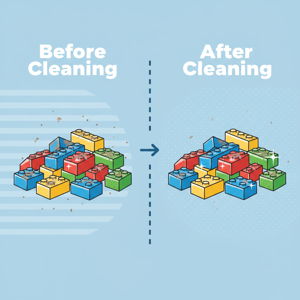 An infographic-style illustration depicting a timeline or comparison of two sets of LEGO bricks. On one side, a pile of dusty, slightly grimy LEGO bricks, perhaps with faint smudges, labeled 'Before Cleaning'. On the other side, the same type of LEGO bricks, sparkling clean and brilliantly colored, labeled 'After Cleaning'. Visual elements like dust particles around the 'before' bricks and subtle gleams on the 'after' bricks should be included. The overall aesthetic should be clean, informative, and visually engaging. Style: Flat illustration with clear iconography.