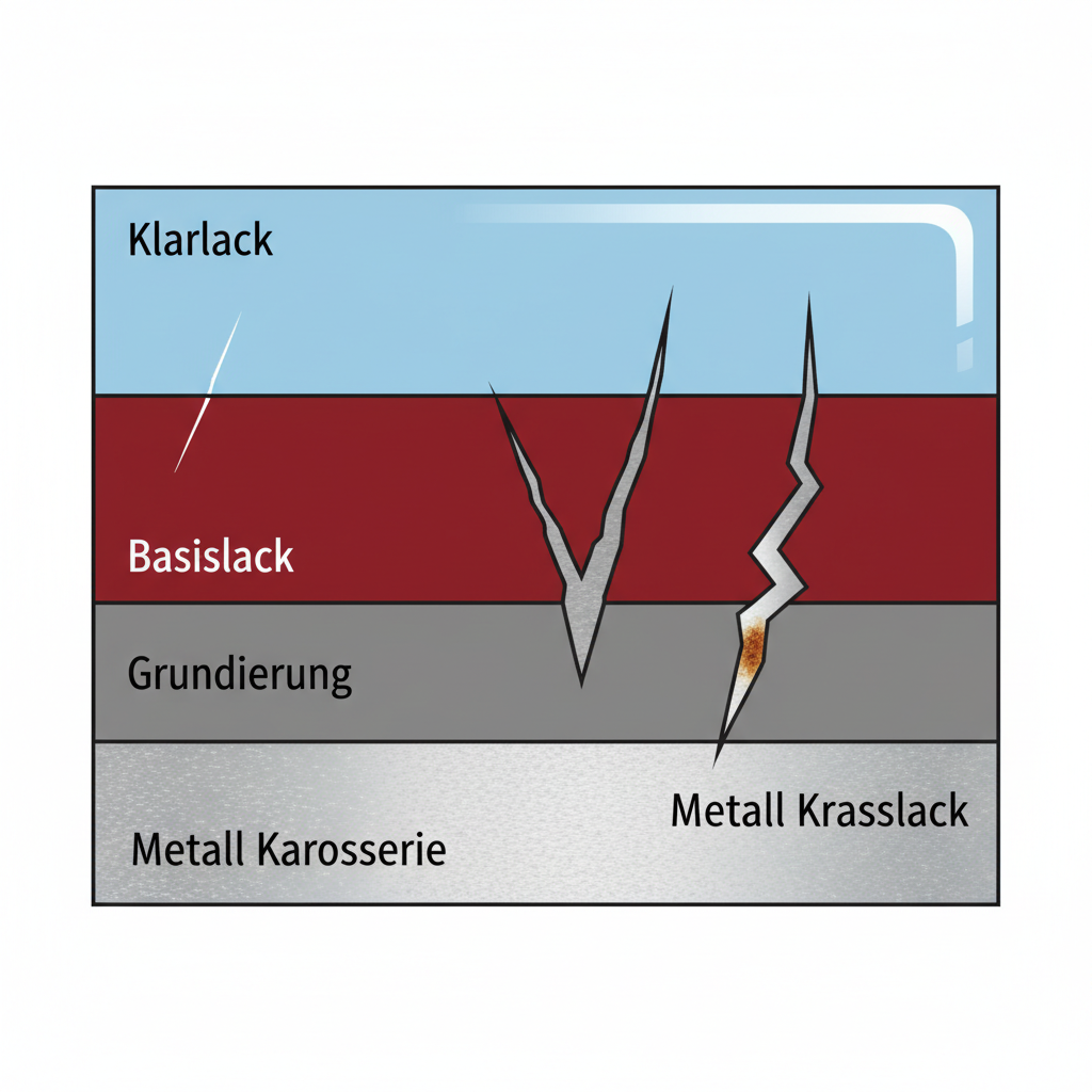 A detailed infographic-style illustration depicting a magnified cross-section of a car's paint layers. Clearly show the transparent top coat (Klarlack), the colored base coat (Basislack), the primer layer (Grundierung), and the metal car body beneath. Three distinct scratches are visually represented: a superficial scratch only within the clear coat, a medium scratch penetrating into the base coat, and a deep scratch reaching the metal surface, possibly showing a tiny indication of corrosion. The illustration should use clean lines and distinct colors for each layer, providing a clear visual guide to scratch depth assessment.