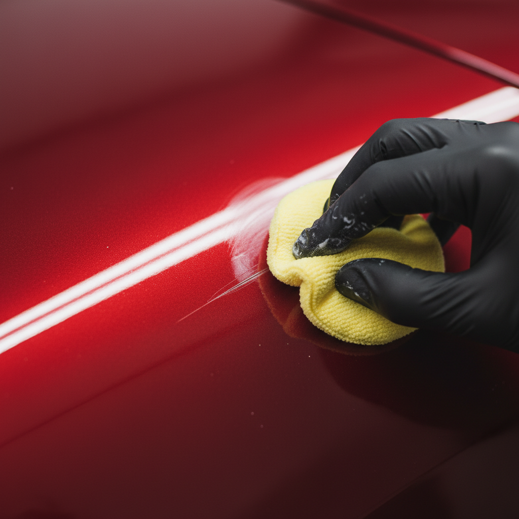 A high-quality, professional close-up photo of a car's glossy painted surface, perhaps a vibrant red or deep blue. The image focuses on a specific area where a fine, superficial scratch is clearly visible. A human hand, wearing a clean, dark glove, is gently applying a polishing compound using a soft microfiber applicator pad directly onto the scratch. The surrounding paintwork is immaculate, emphasizing the scratch and the delicate process of its removal, suggesting care and precision in the technique.