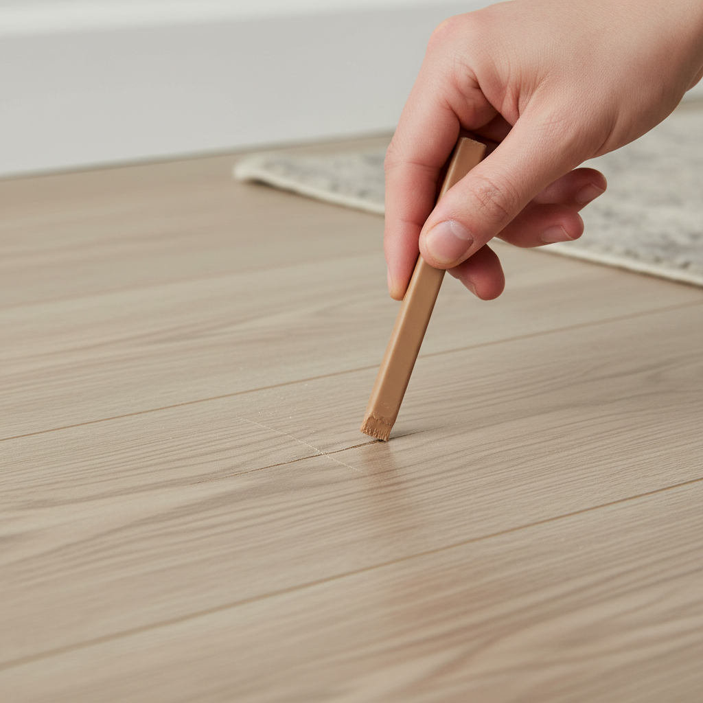 A professional photo, close-up, focusing on a section of a light wood-effect laminate floor. A distinct, but not overly deep, scratch is visible on the surface. A hand, seen from above, holds a small, precise repair tool (e.g., a wax filler stick or a laminate repair pen) actively applying or blending material into the scratch. The lighting is bright and even, highlighting the texture of the laminate and the detail of the repair process. The background is slightly blurred, keeping the focus on the repair action.