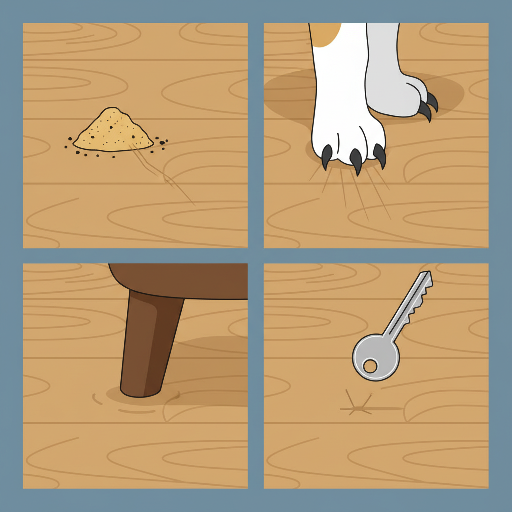 A vibrant, flat illustration depicting common causes of scratches on a laminate floor. The image features distinct elements showing different scenarios: a tiny pile of sand and dirt particles with a subtle scratch mark, the paw of a dog with visible claws touching the laminate, the bottom of a furniture leg without a protective pad leaving a mark, and a hard, sharp object (like a key) having just fallen onto the laminate. The overall aesthetic is clean and modern, using a limited color palette.