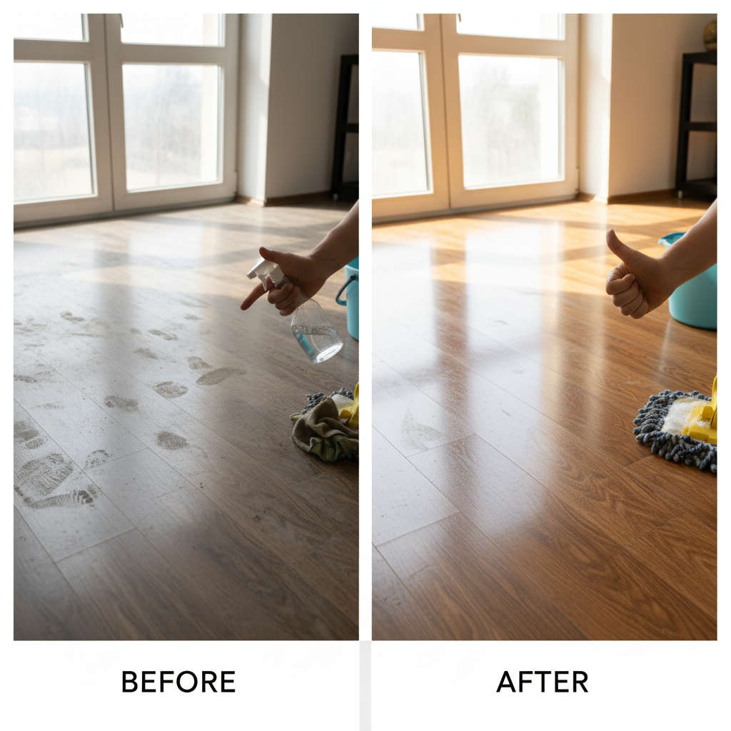 A split image demonstrating the transformation of a laminate floor. On the left, a dull, dusty laminate floor with visible footprints in a sunlit room, conveying frustration. On the right, the same floor gleams brightly, reflecting sunlight, looking pristine and inviting. Style: Professional photo, clean, bright.