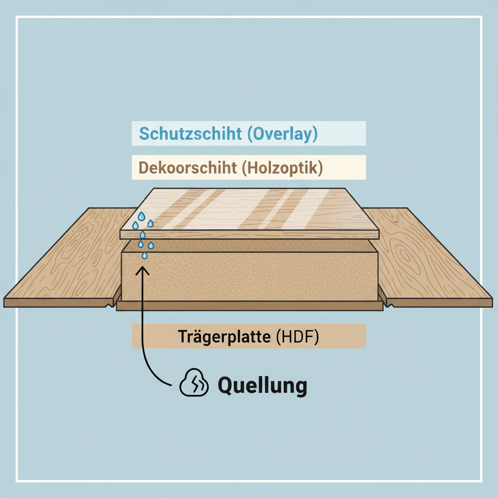 An infographic-style illustration depicting the layers of a laminate floor. Clearly label 'Trägerplatte (HDF)', 'Dekorschicht (Holzoptik)', and 'Schutzschicht (Overlay)'. Show tiny water droplets accumulating at the seams of the laminate, with an arrow pointing to the 'Trägerplatte' indicating potential swelling. Use a clean, modern design with clear lines and subtle color distinctions for each layer.