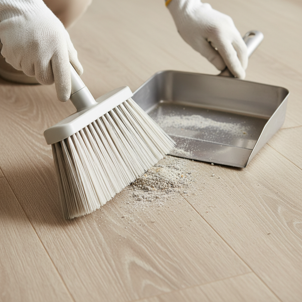 A close-up professional photo of a person gently sweeping a laminate floor with a soft-bristled broom. Dust and small debris are being swept towards a dustpan. The broom head should be clearly visible showing its soft bristles. The flooring should be a realistic laminate texture, like light wood grain. Emphasize cleanliness and care.