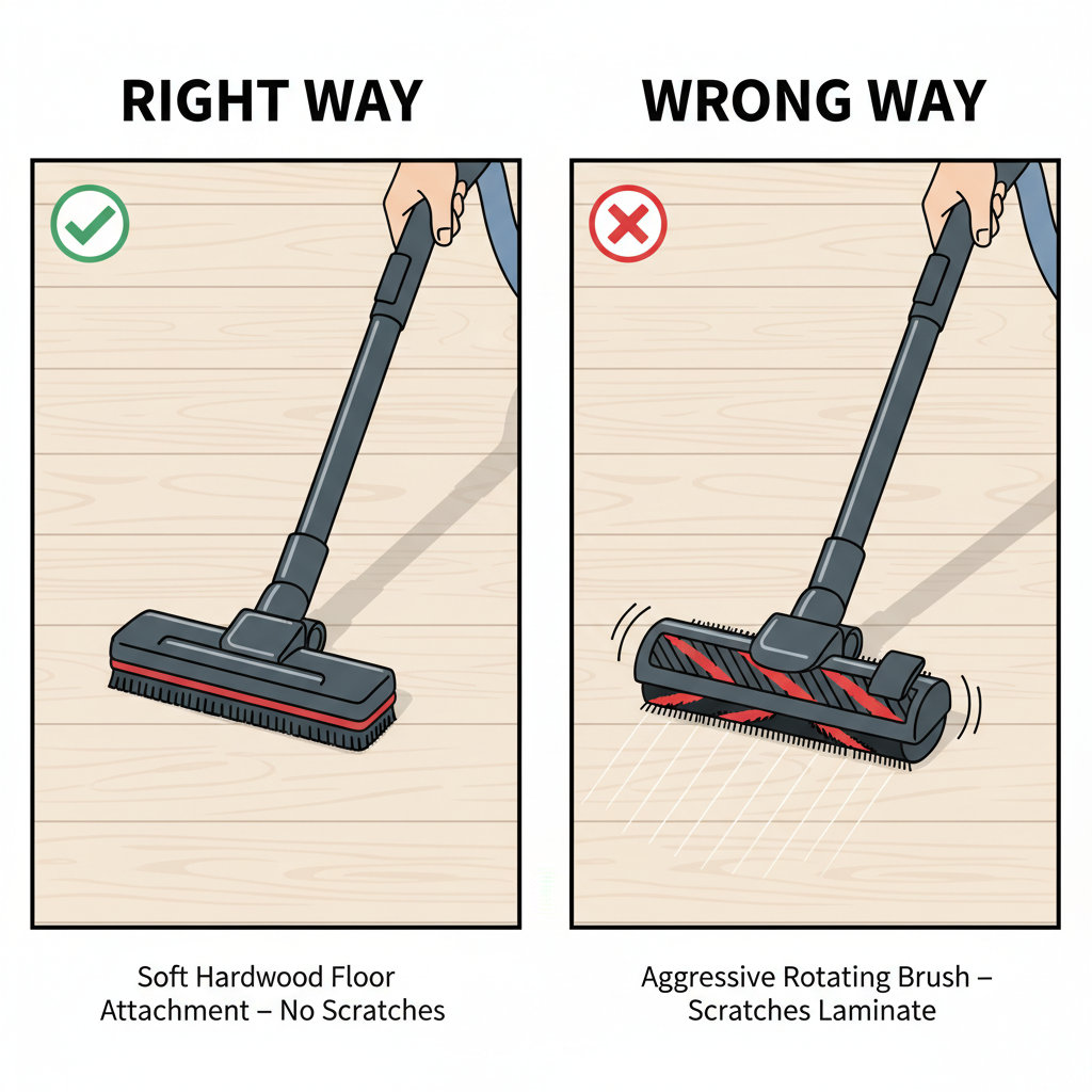 A comparison image showing the right and wrong way to vacuum laminate. On the left, a person is vacuuming laminate with a special hardwood floor attachment, clearly visible, ensuring no scratches. On the right, a vacuum with an aggressive rotating brush attachment is visibly scratching the laminate surface, depicted with faint scratch lines. Style: Clean, instructional illustration with clear distinctions between good and bad practice.