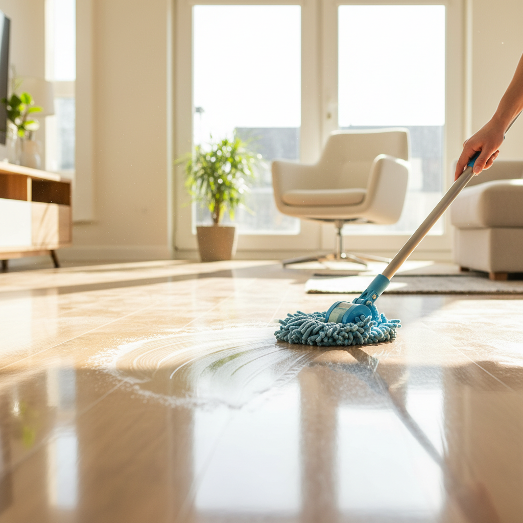 A vibrant, sunlit living room featuring a gleaming, impeccably clean laminate floor that reflects natural light. A person's hand is gently guiding a soft microfiber mop across a small section of the floor, leaving a streak of sparkling cleanliness. The overall scene exudes a fresh, airy, and well-maintained atmosphere, emphasizing the 'strahlenden Glanz' of a properly cared-for laminate floor. The style should be a high-quality, professional photo with bright, natural lighting.