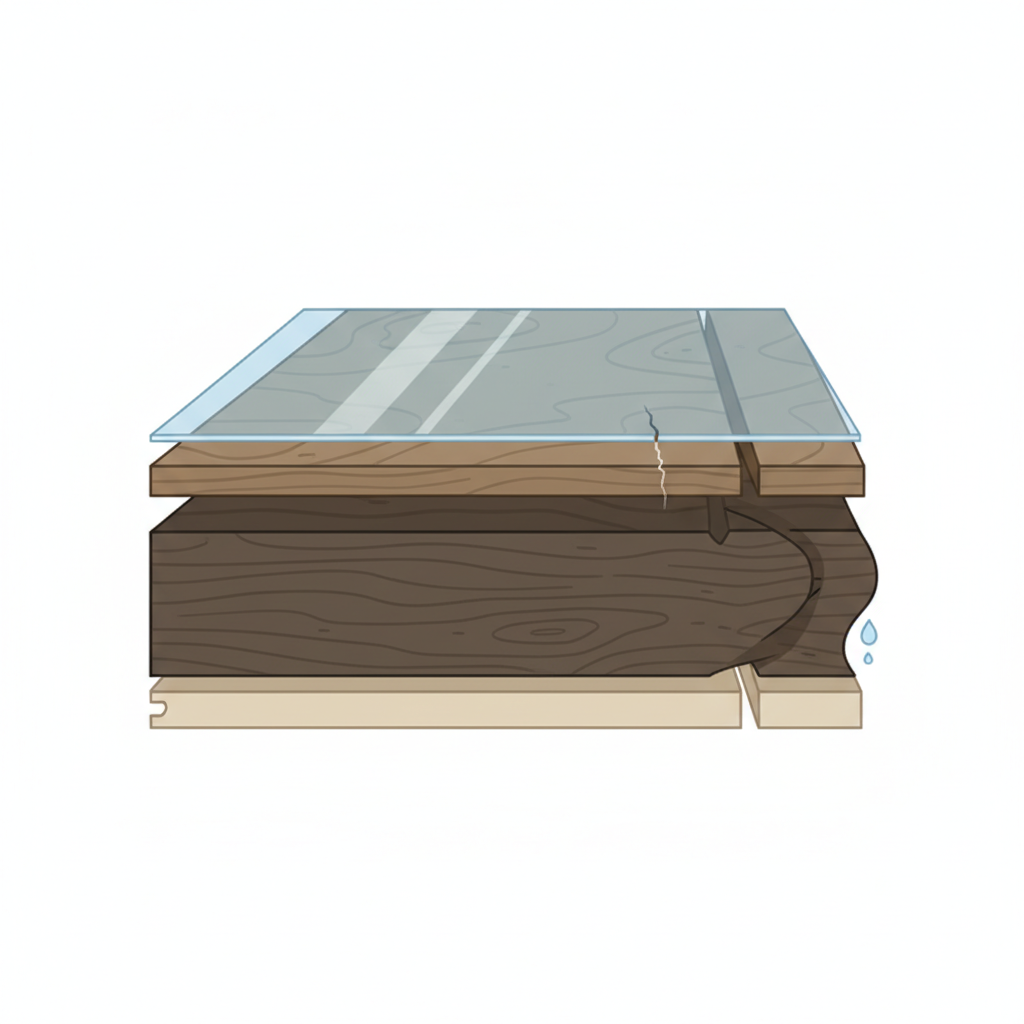 An illustrative diagram depicting a conceptual cross-section of laminate flooring. One side shows healthy, intact layers with a smooth, shiny protective top layer. The other side of the cross-section reveals common damage: a small, visible scratch on the protective layer and slight swelling or separation at a seam, indicating water damage. The style should be a clear, informative flat illustration with distinct layers and subtle visual cues for damage, using a conceptual cutaway view.