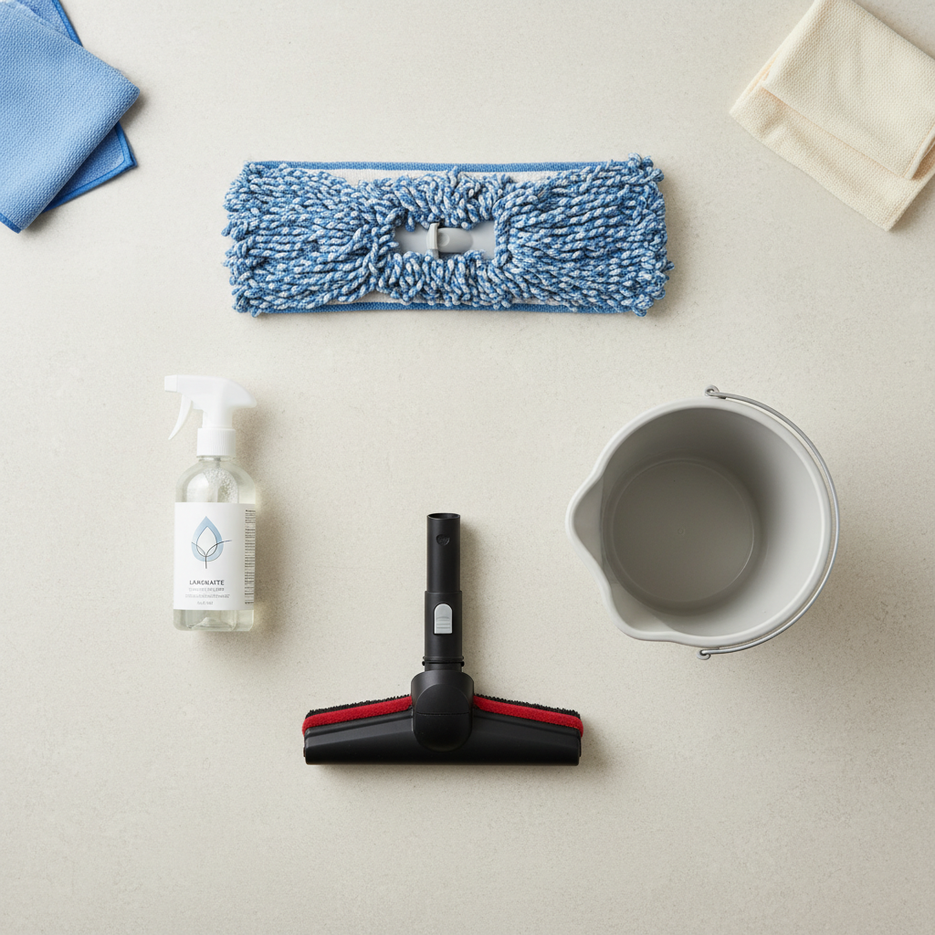 A neat, overhead flat lay arrangement of essential laminate cleaning tools on a light, neutral background. Items include a soft-bristled vacuum attachment, a clean microfiber mop head, a bottle of laminate-specific cleaner, a clean bucket, and a few soft, folded microfiber cloths. Each item is clearly visible, well-organized, and appears ready for use, conveying preparedness and the importance of using the correct equipment. The style should be a professional studio product photo with a clean, minimalist aesthetic.
