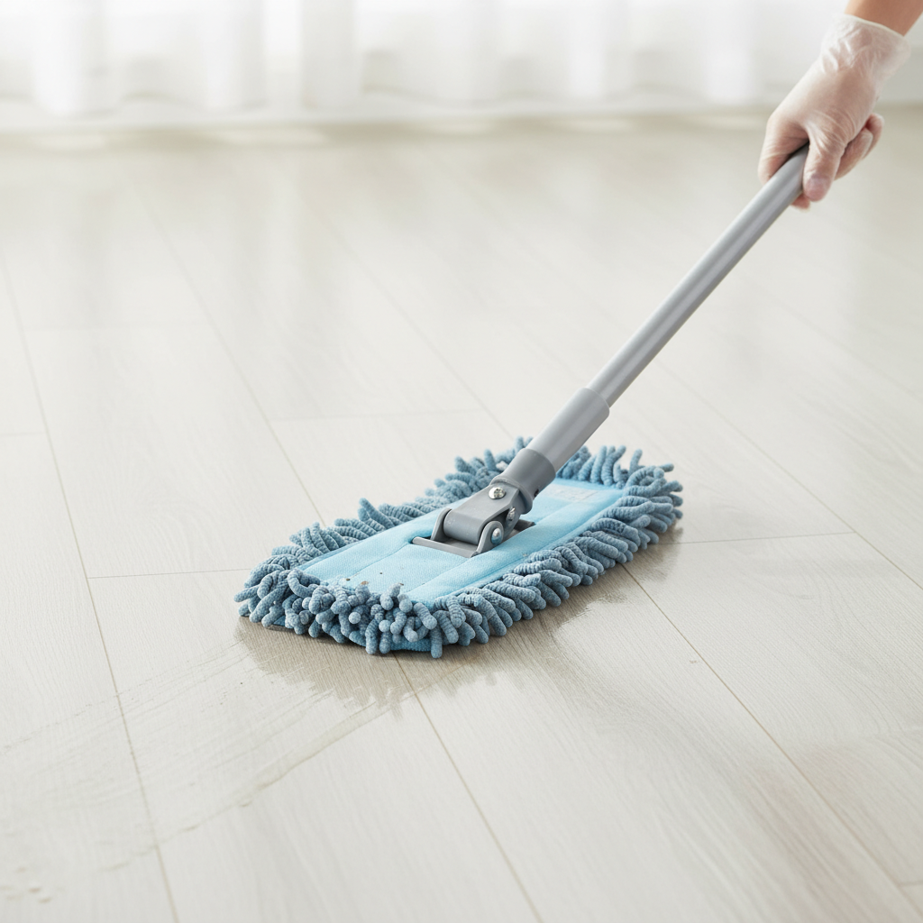 A close-up view of a hand gently guiding a slightly damp microfiber flat mop across a section of a clean laminate floor. The mop leaves behind a barely visible, quickly evaporating trail of moisture, highlighting the 'wenig Feuchtigkeit' principle. The focus is on the correct, gentle technique and the effectiveness of the microfiber material in picking up dirt without oversaturating the floor. The style should be a bright, clean, professional photo with attention to detail on the mop and floor surface.