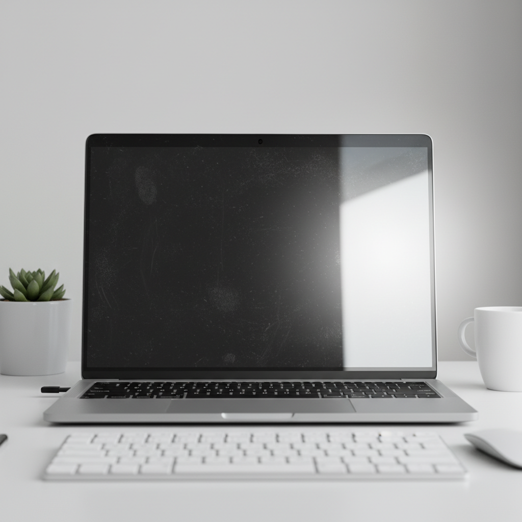 A professional photo of a modern laptop display covered in subtle fingerprints and dust, with a subtle glow around a clean, pristine section on one side, hinting at the contrast. The background is a blurred, organized desk setup. Emphasize the 'before and after' aspect without being overly dramatized.