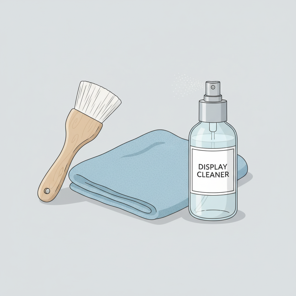 A flat illustration depicting essential cleaning tools for a laptop display: A clean, folded microfiber cloth, a small, elegant spray bottle labeled 'Display Cleaner' (or resembling distilled water), and a soft brush for dusting the keyboard area. The color palette should be clean and muted, giving a sense of professionalism and simplicity.