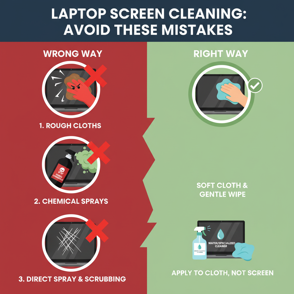An infographic-style illustration highlighting common mistakes to avoid when cleaning a laptop screen. Show stylized icons or small vignettes: a hand aggressively scrubbing with a rough cloth, a bottle of harsh chemical spray, and visible scratches on a screen. Use contrasting colors to denote 'wrong' actions versus a small 'right' example.